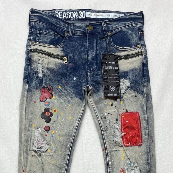 Reason Heart of Darkness Men’s Painted Ripped Jeans Size 30x32 - Picture 5 of 12